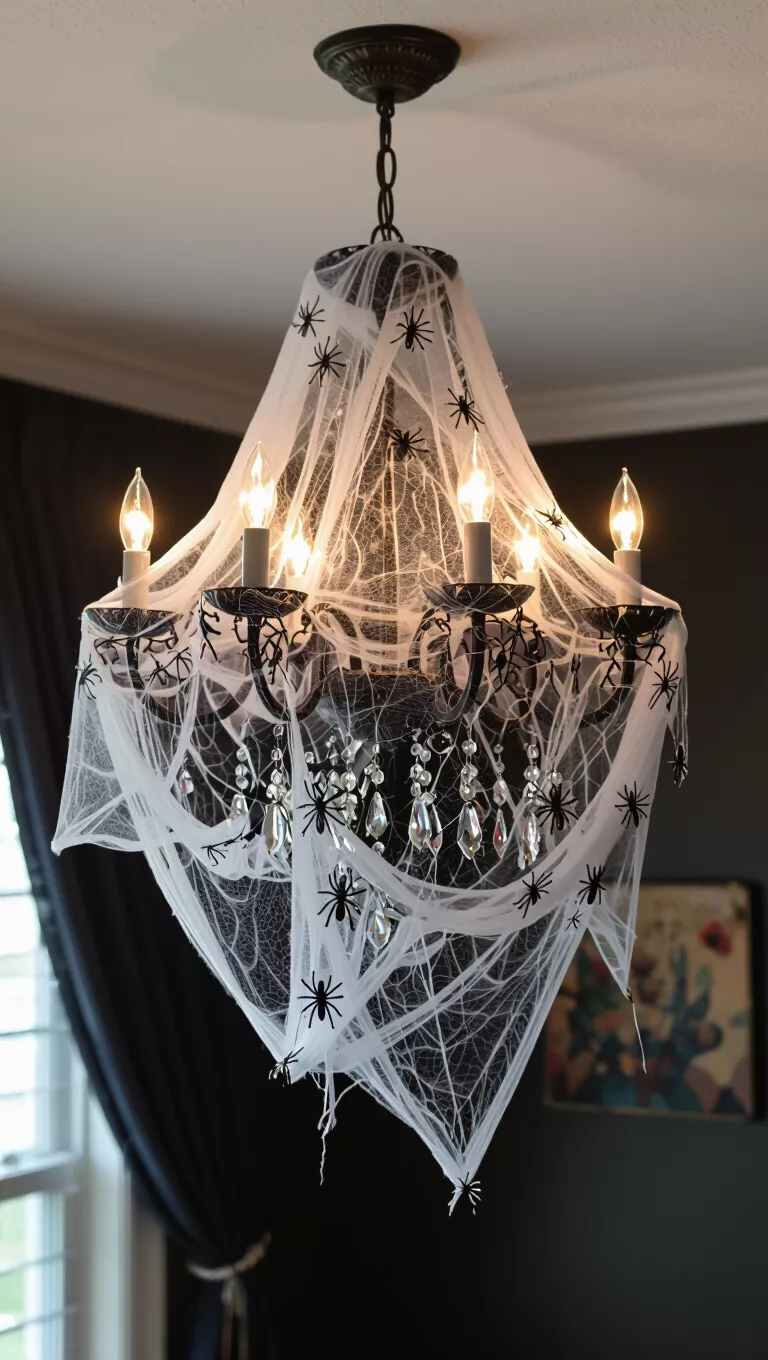 A photo of a chandelier dramatically draped with extensive white faux spiderwebs and small black spiders.