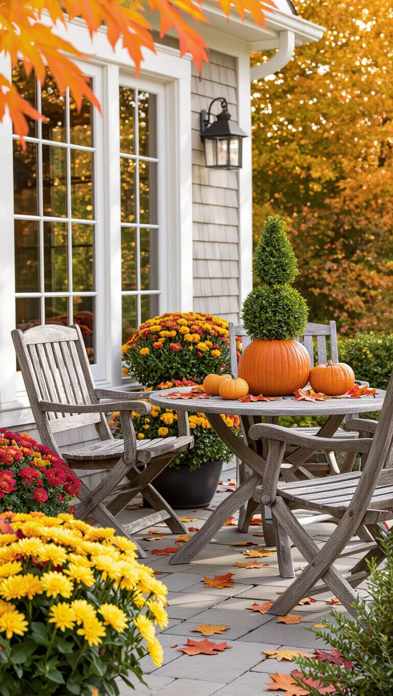 A professional photo, similar to a photo in a home design magazine, of an inviting outdoor patio with two weathered wooden chairs and a table adorned with an autumnal pumpkin and green topiary, surrounded by fall leaves and chrysanthemums.