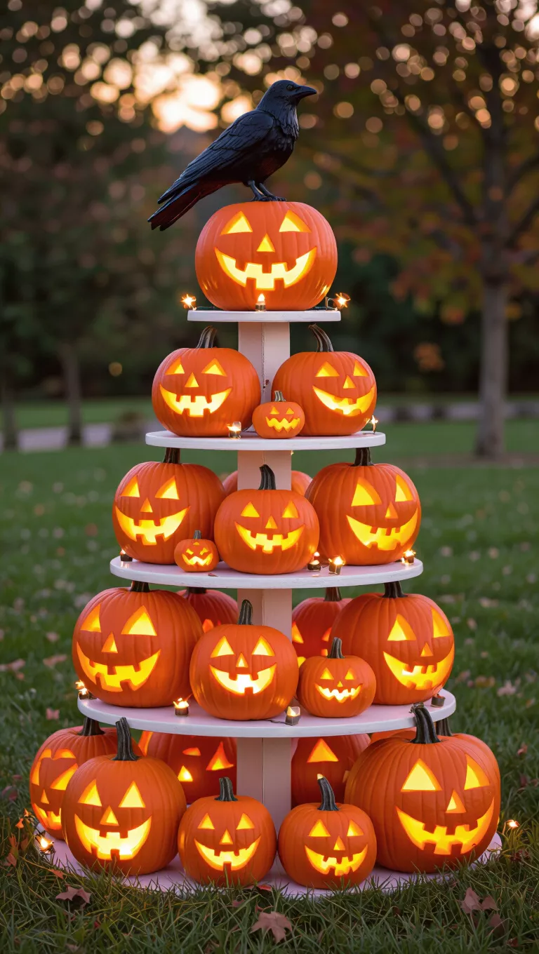 A photo of a tiered pumpkin display with carved, lit pumpkins and a black crow figure on top, set outdoors at dusk.