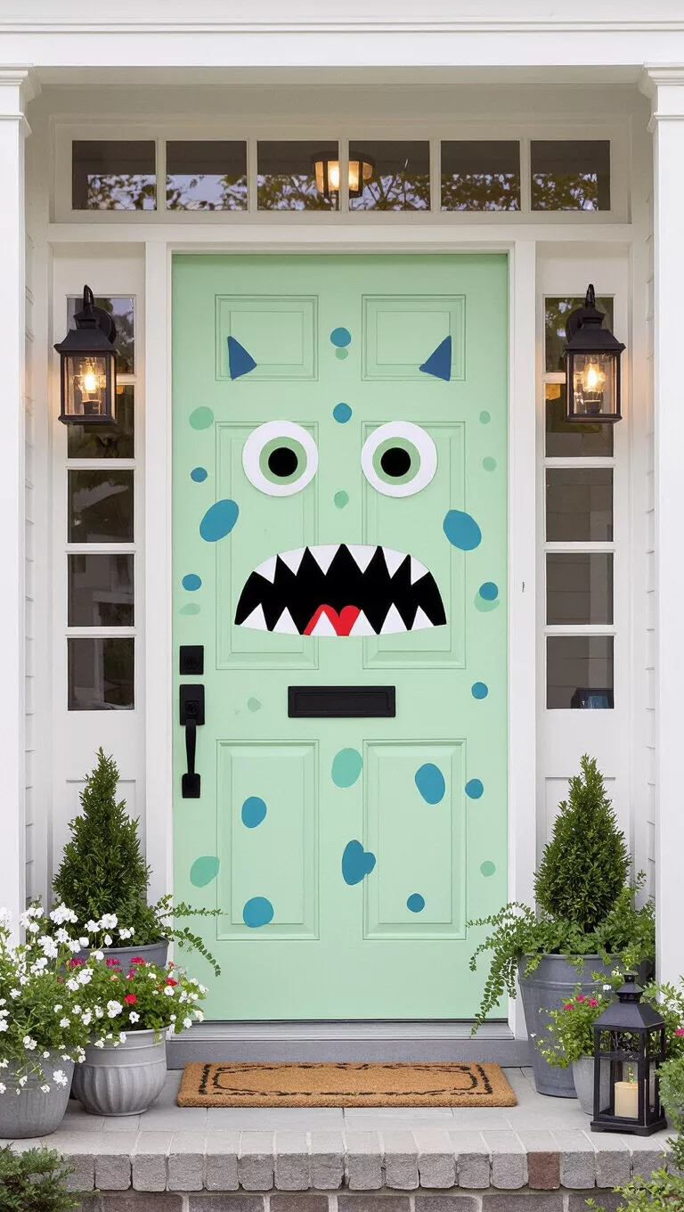 A photo of a light green front door is decorated as a monster face with eyes and a zipper mouth, flanked by potted plants and lanterns.