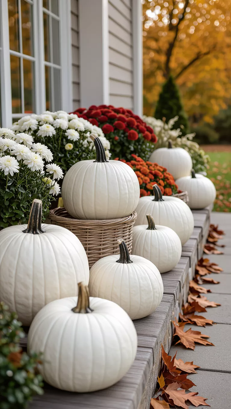 A professional photo, similar to a photo in a home design magazine, of an outdoor fall display featuring only white pumpkins and light-colored natural elements for a sophisticated, monochromatic look.