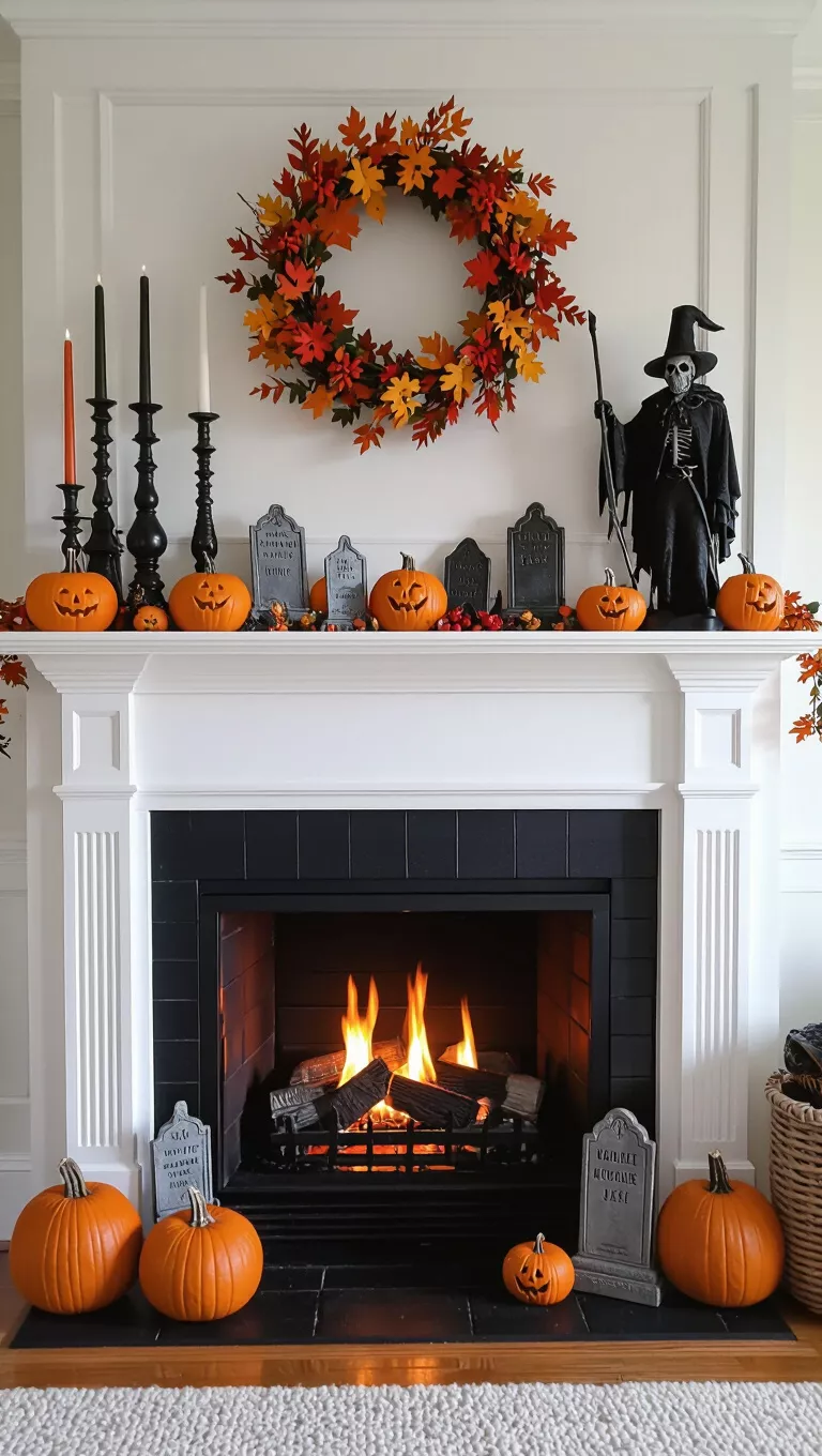 A photo of a fireplace mantelpiece decorated with Halloween and autumn-themed ornaments, including candlesticks, miniature tombstones, and a headless horseman statue.