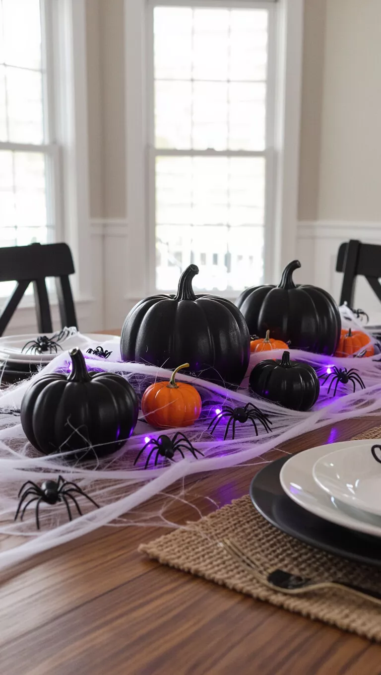 A photo of a dining room table featuring a Halloween fall centerpiece with black-painted mini pumpkins, tangled fake spiderwebs, plastic spiders, and purple LED lights.