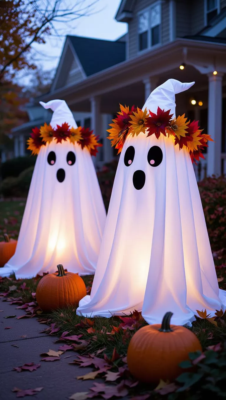 A photo of a festive outdoor Halloween display with two illuminated, sheet-draped ghosts with cartoonish eyes, adorned with fall foliage crowns.