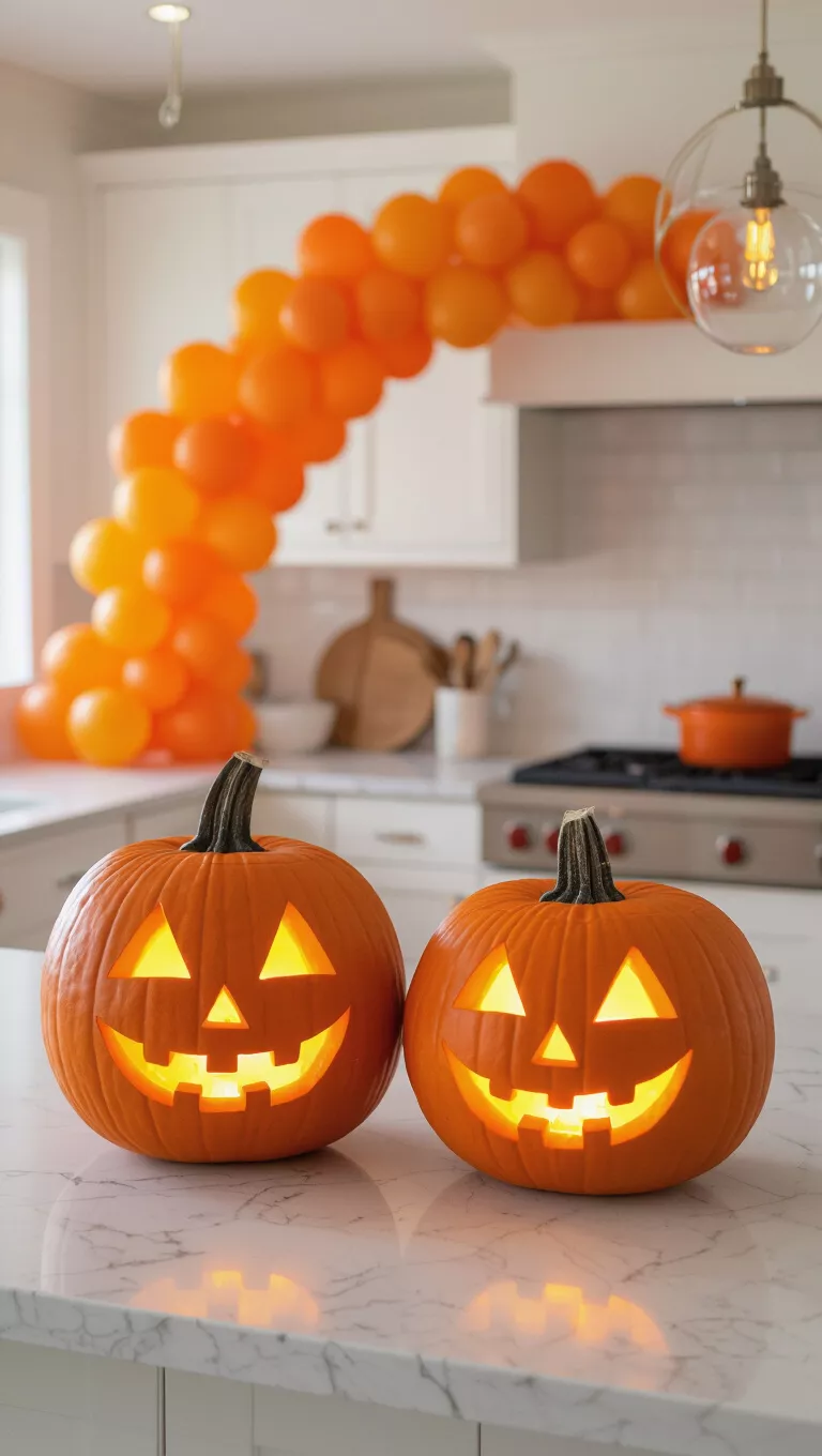 A photo of a kitchen counter with two carved pumpkins with glowing faces, illuminated, with a balloon arch visible in the background.