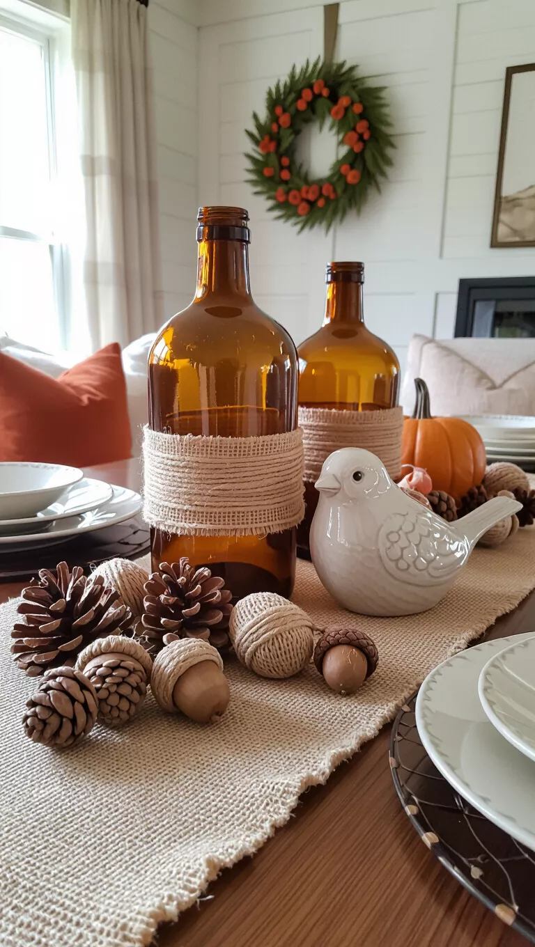 A photo of a living room table featuring gathered fall table decor combining antique amber glass bottles, burlap ribbon, twine-wrapped acorns, and a ceramic bird figurine.