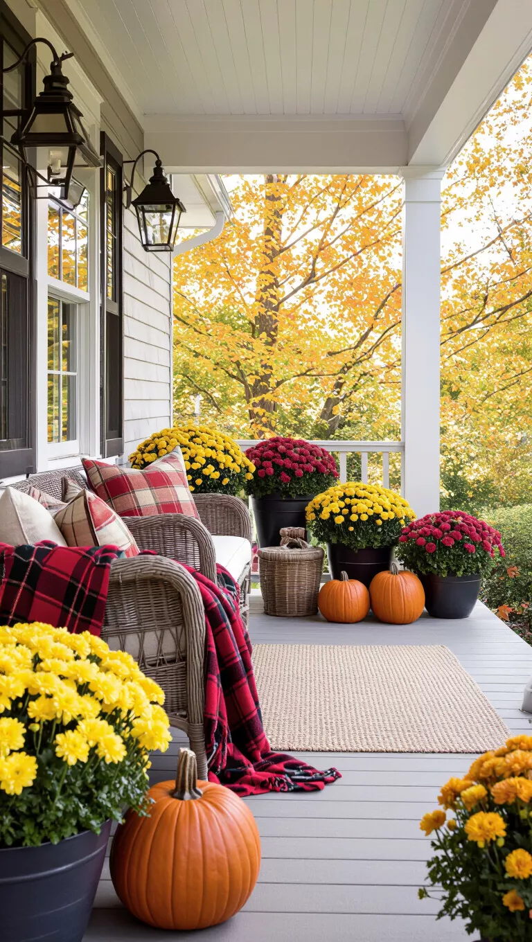 A professional photo, similar to a photo in a home design magazine, of a cozy backyard porch decorated with fall elements like plaid throws, potted mums, and stacked pumpkins.