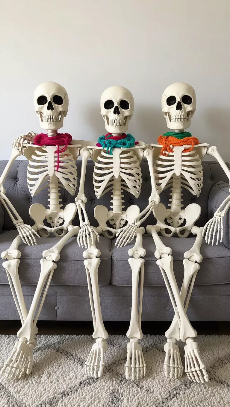 A photo of three large skeleton figures seated on a gray tufted couch, whimsically decorated with colorful yarn.