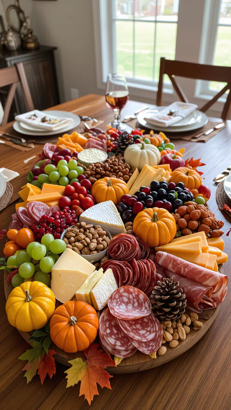 A photo of a dining room table featuring a lavish charcuterie board centerpiece overflowing with cheeses, cured meats, fruits, nuts, and small decorative gourds and fall leaves.