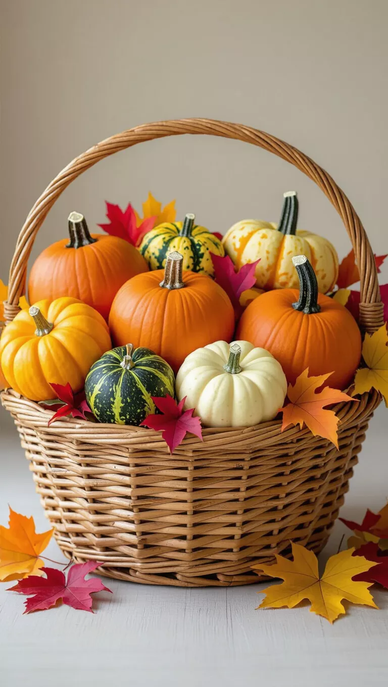 A professional photo, similar to a photo in a home design magazine, of an overflowing woven basket filled with various sizes of pumpkins, gourds, and colorful fall leaves.
