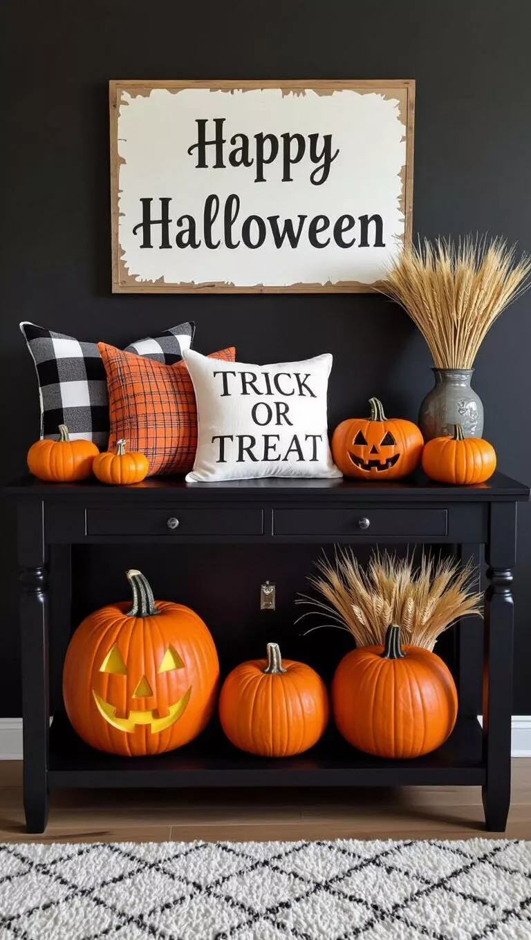 A photo of a Halloween console table with "Trick or Treat" pillows, pumpkins, wheat stalks, and a "Happy Halloween" sign.
