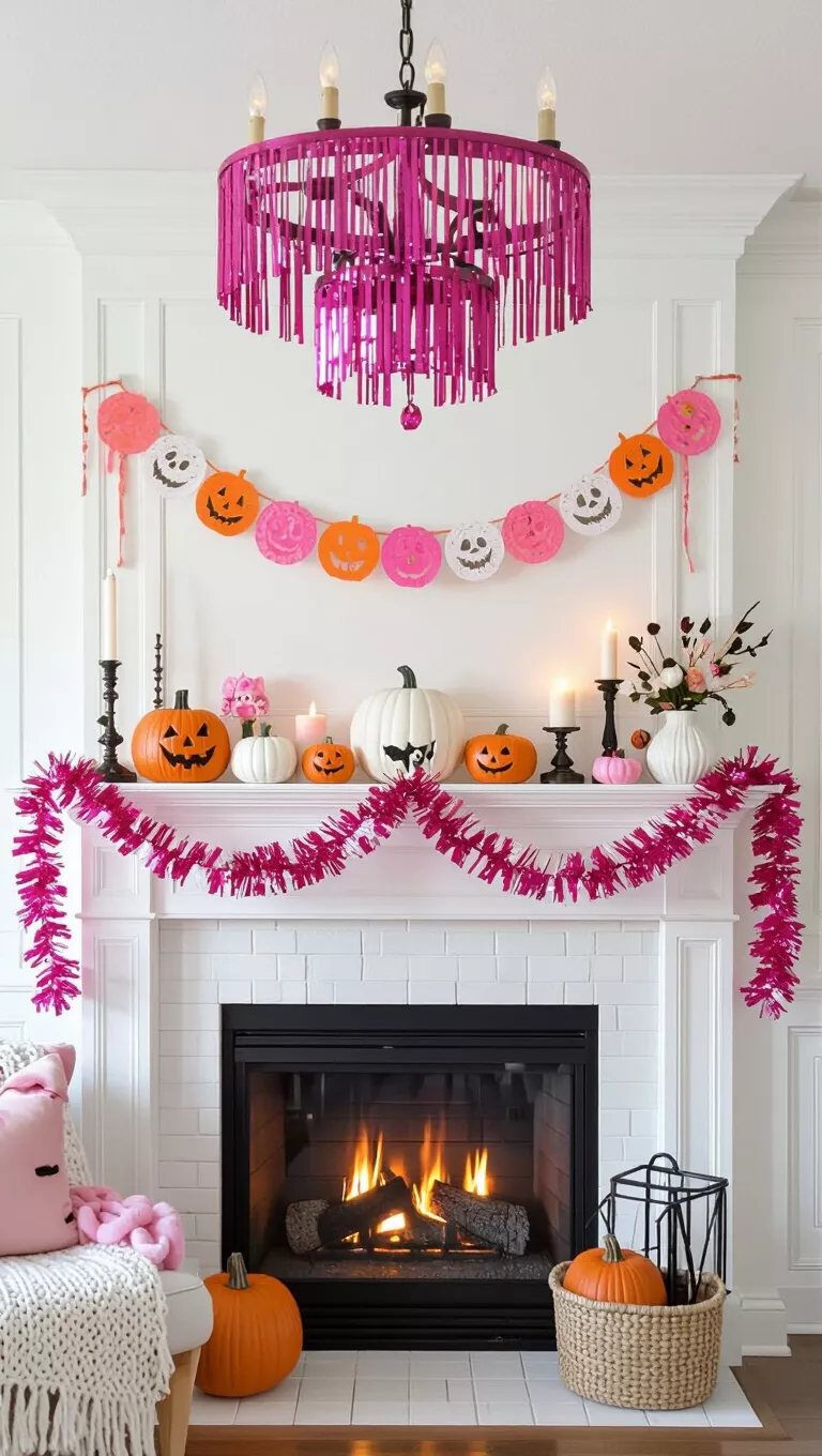 A photo of a fireplace mantel and shelves with pink, orange, and white Halloween decor, pumpkins, candles, paper garlands, pink tinsel chandelier, cozy.