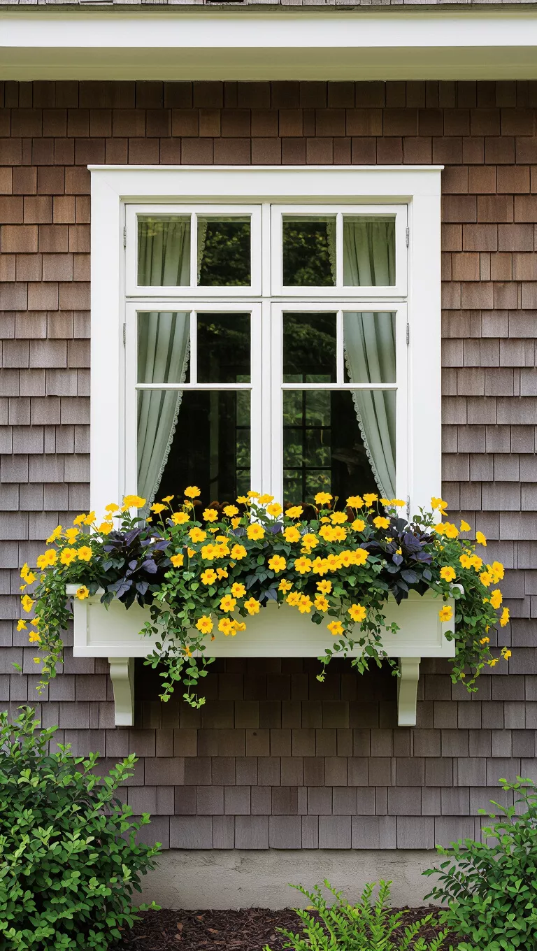 A professional photo, similar to a photo in a home design magazine, of a window box on a wooden house with dark foliage and yellow flowers.