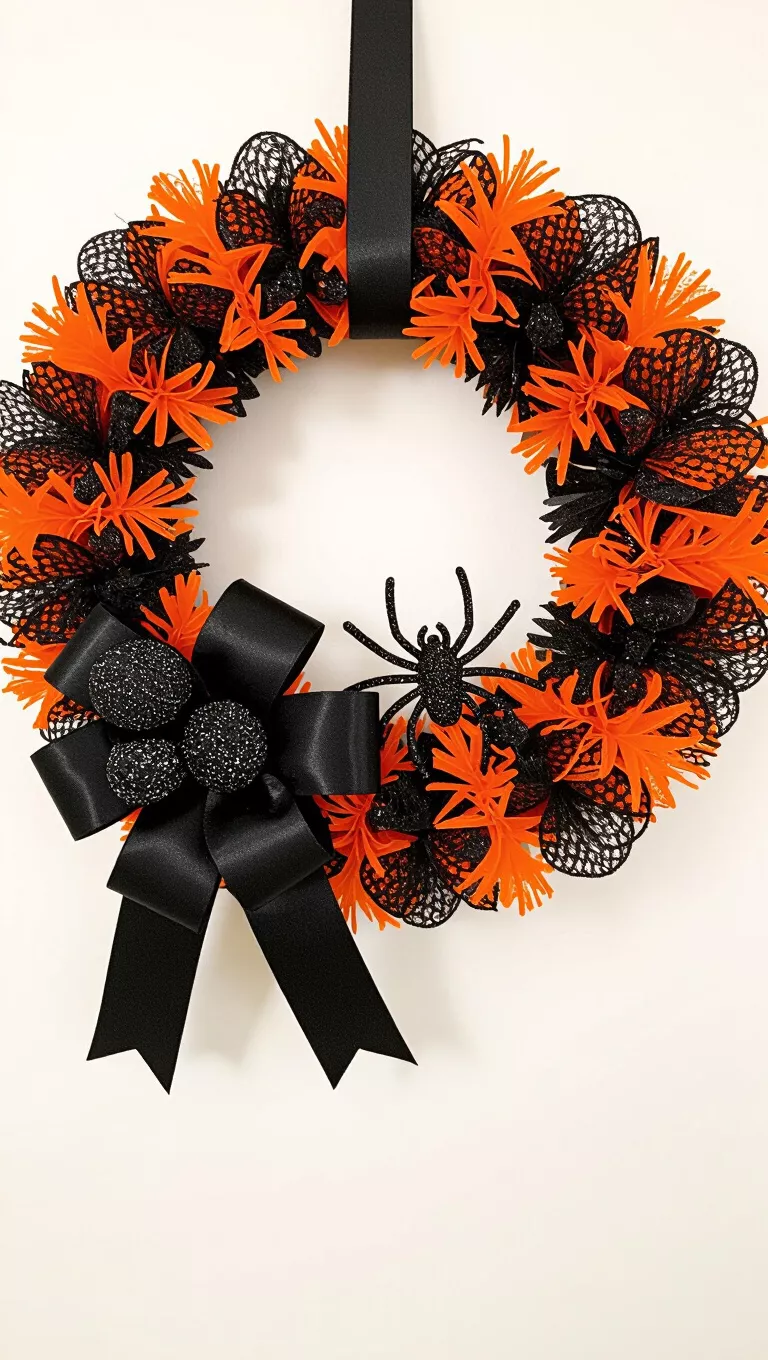 A photo of an orange and black Halloween wreath with a black ribbon and glittery spider, hanging against a plain background.