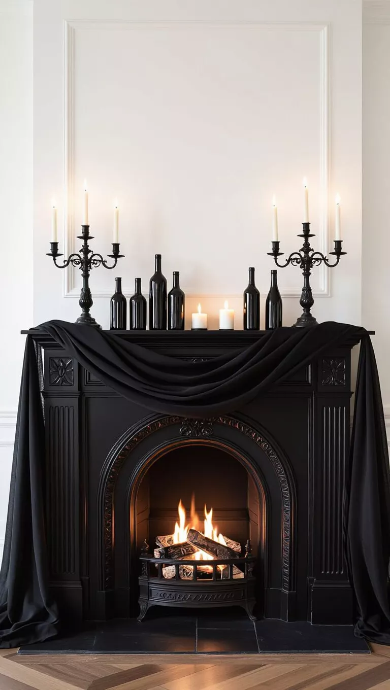 A photo of a traditional dark wood fireplace mantel adorned with gothic-style candelabras, dark bottles, and a draped black fabric, illuminated by candlelight.