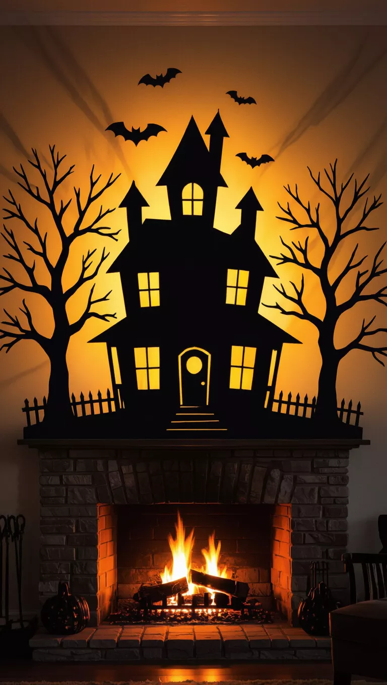 A photo of a large, illuminated silhouette of a haunted house and bare trees standing impressively over a fireplace, casting a warm, spooky glow.