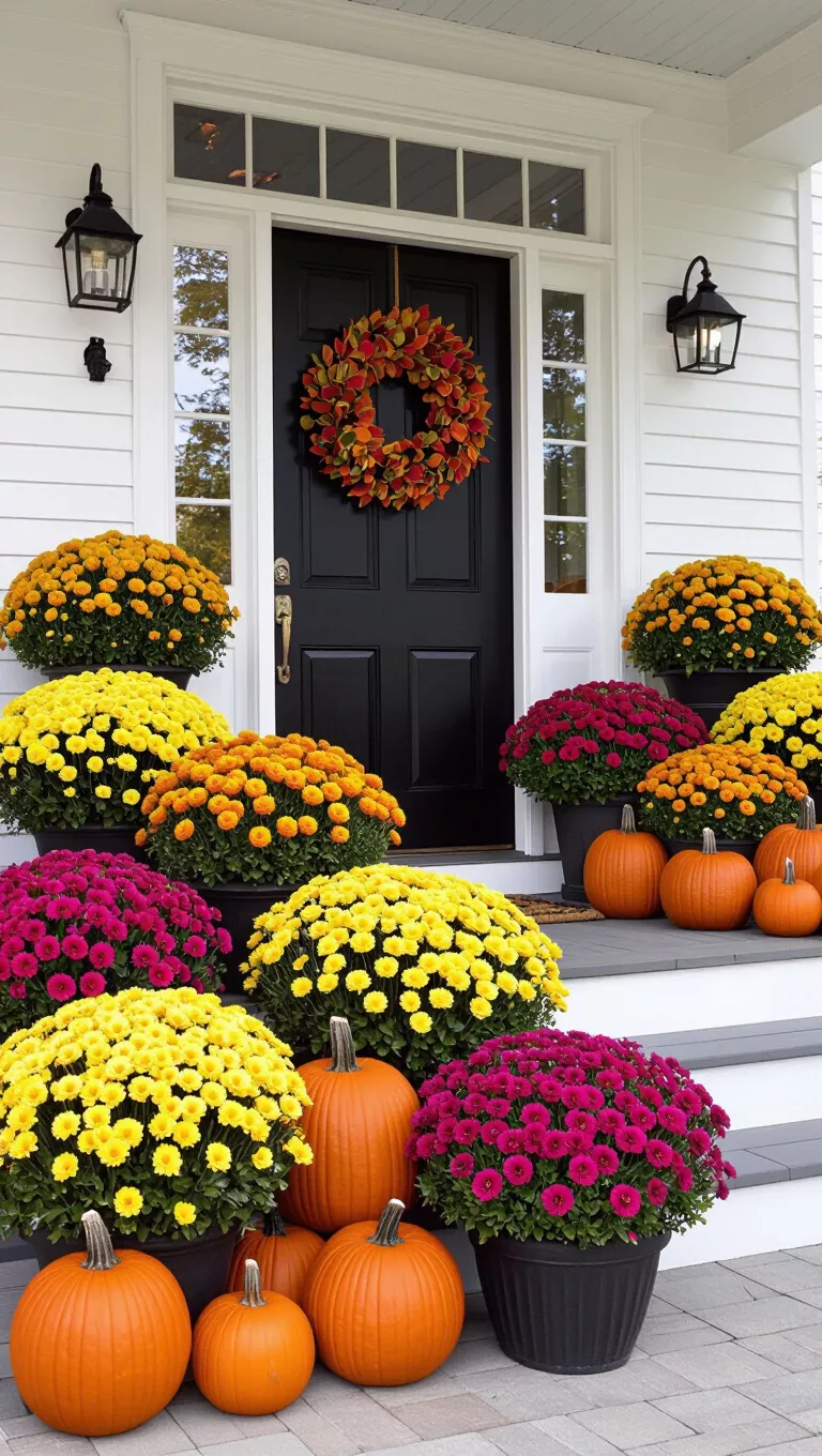 A photo of a beautifully decorated front porch for autumn, with a vibrant display of pumpkins and chrysanthemums.