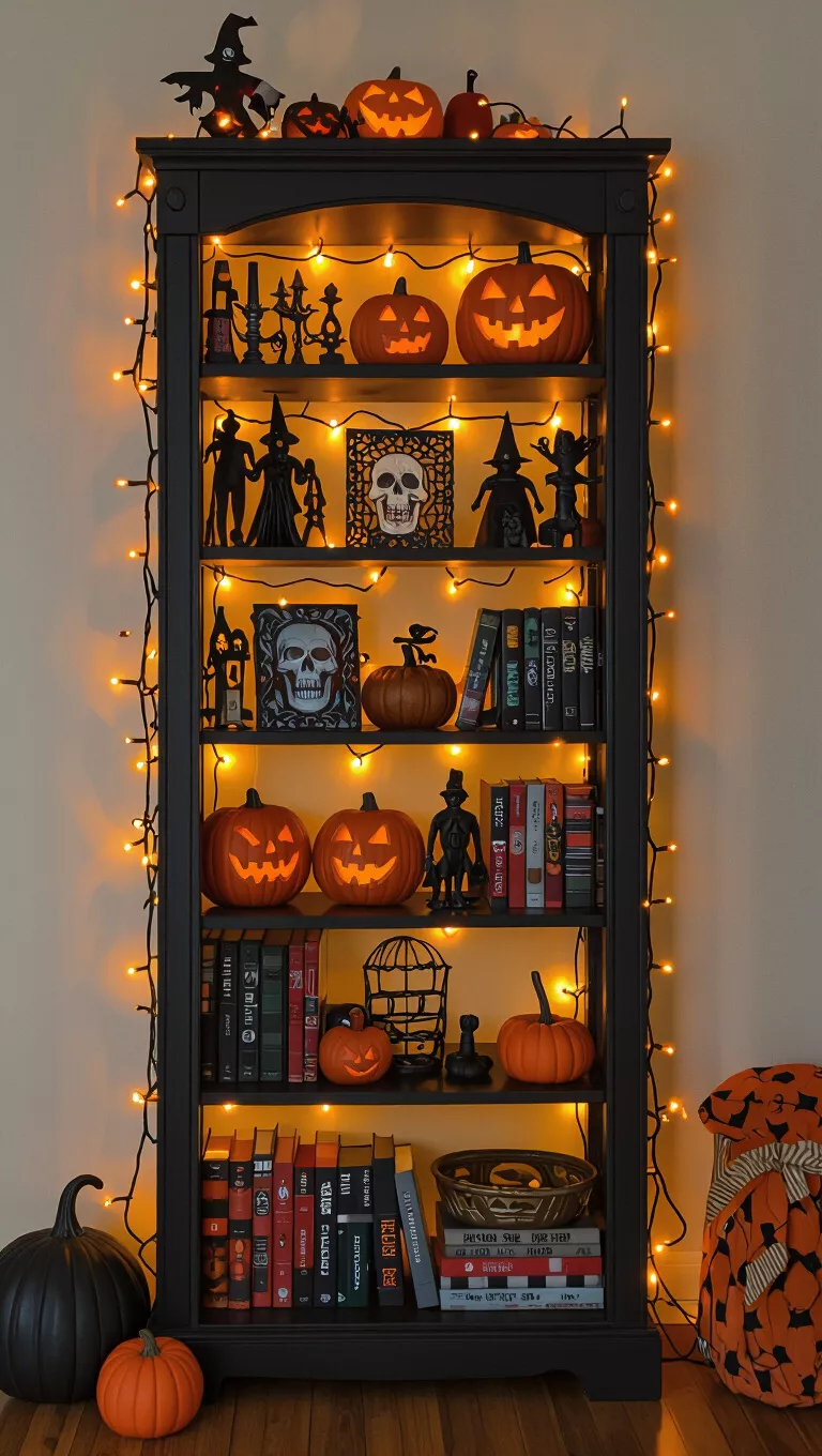 A photo of a tall bookshelf illuminated with orange string lights, featuring Halloween and fall-themed decorations like pumpkins and spooky figurines.