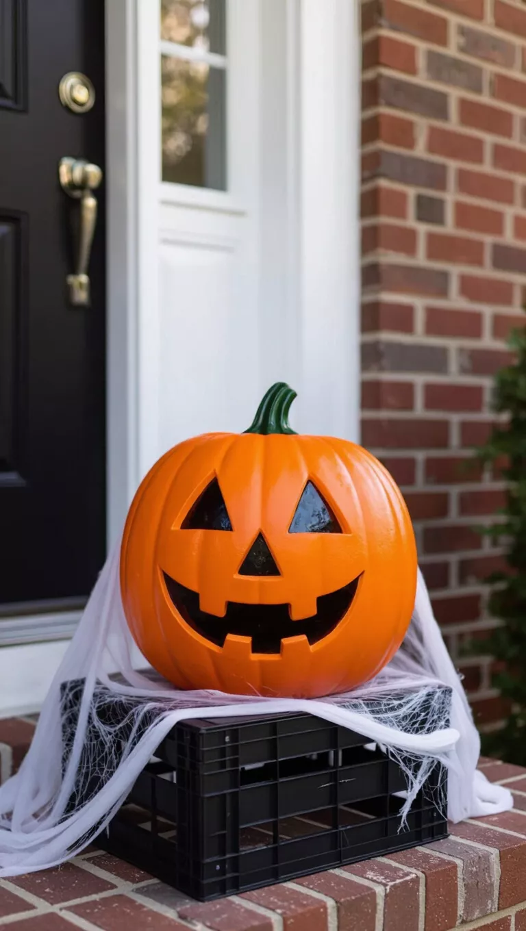 A photo of a large orange plastic jack-o'-lantern on a black crate draped with white synthetic spiderwebs on a brick porch.