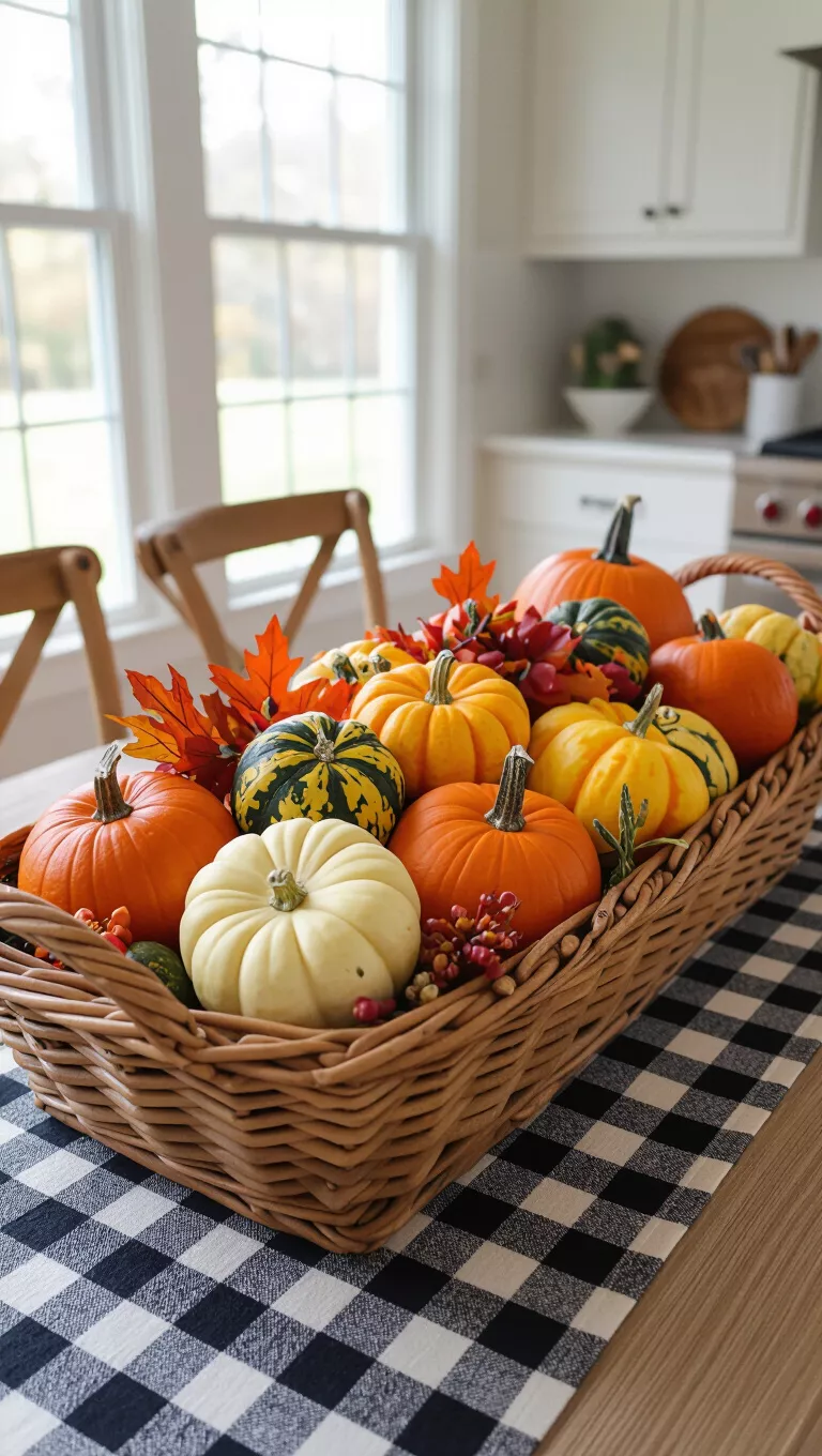 A photo of a kitchen table featuring a long, shallow wicker basket filled with a mix of small pumpkins, gourds, and dried fall foliage on a checkered tablecloth.