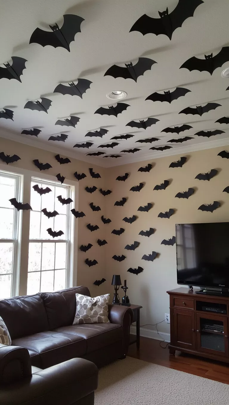 A photo of numerous black bat cutouts are arranged to appear flying across a wall and ceiling in a living room.
