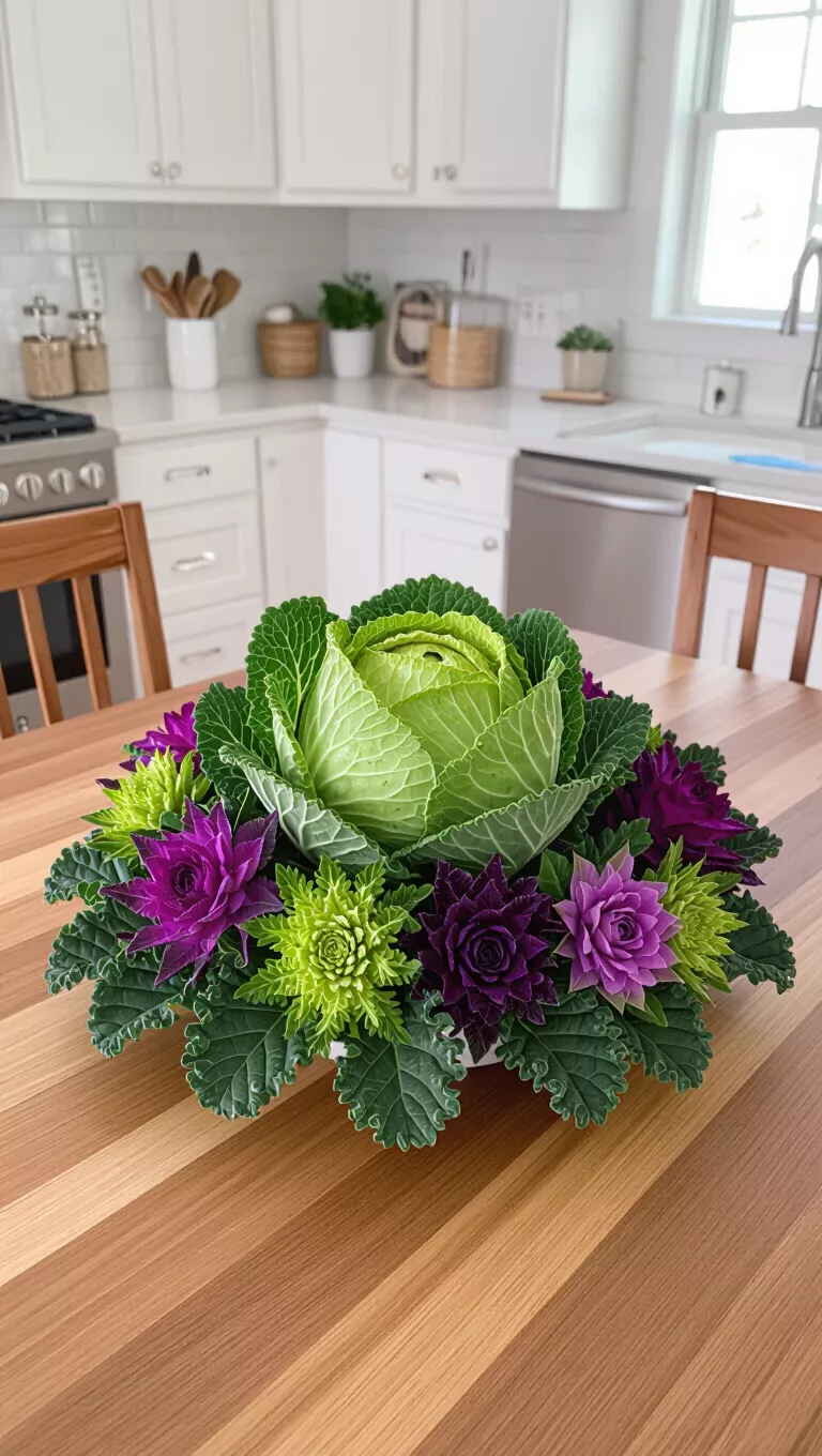 A photo of a kitchen table featuring an unexpected cabbage and kale centerpiece with vibrant purple and green ornamental cabbages surrounded by dark leafy kale stalks.