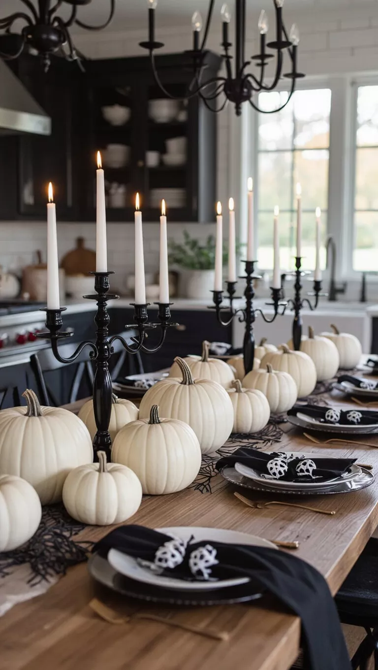 A photo of a kitchen with a long wooden table set with numerous black candelabras and white pumpkins, creating a spooky and elegant centerpiece.
