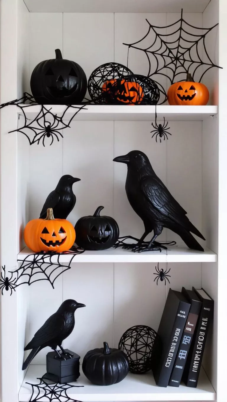 A photo of a white bookshelf adorned with spooky Halloween decor like black wire spiderwebs and crows.