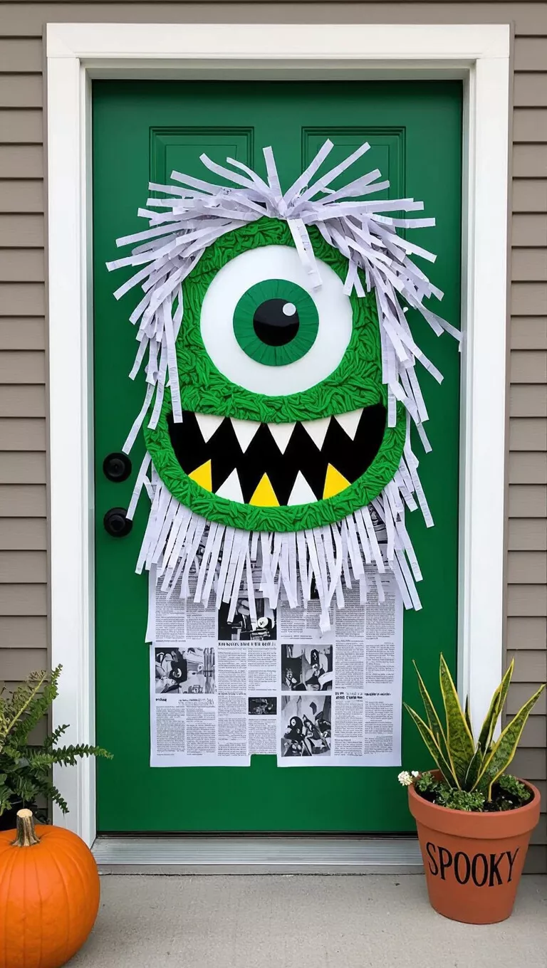 A photo of a green monster door with one large eye, small white and yellow teeth, shredded newspaper hair, and 