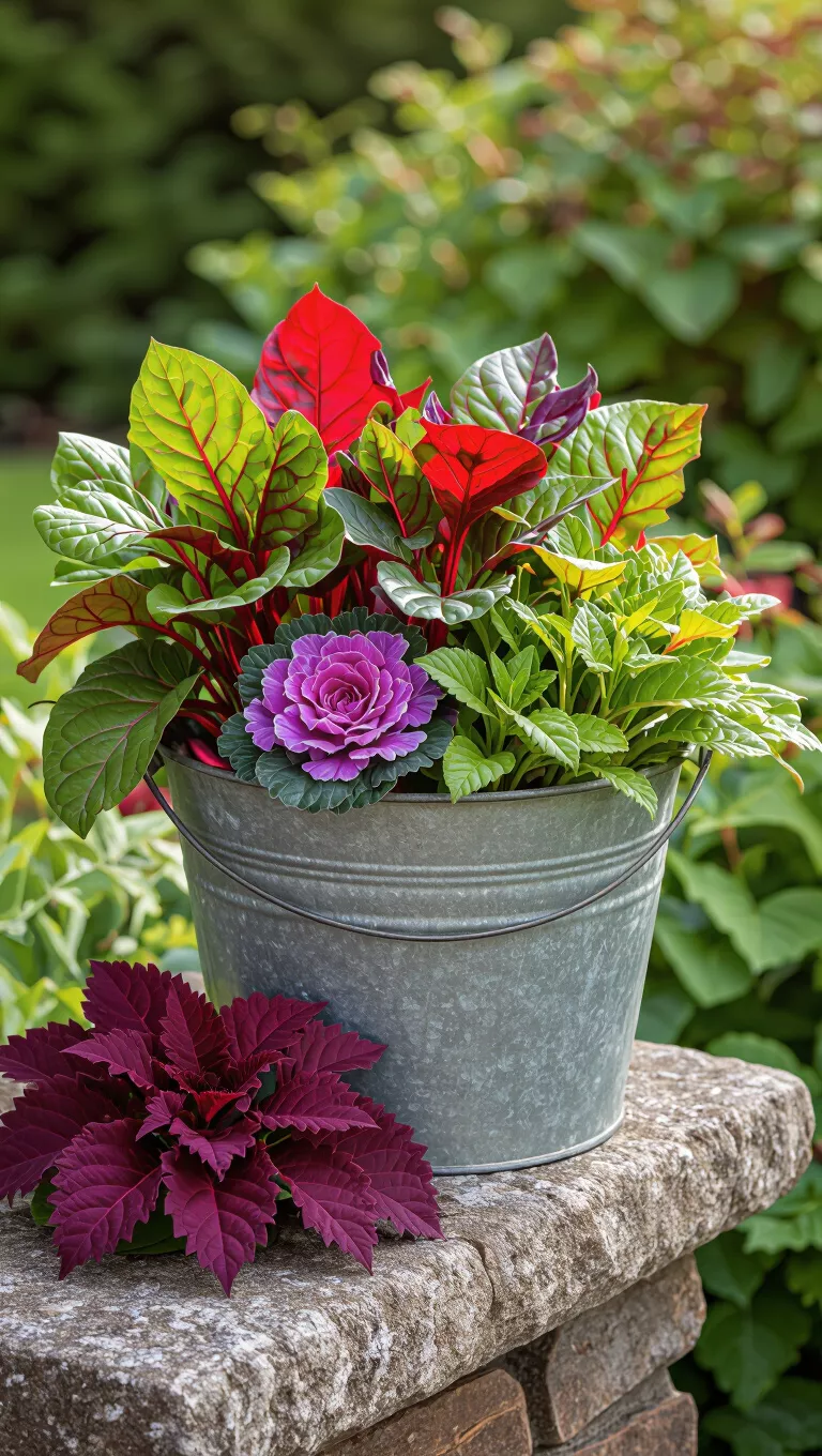 A professional photo, similar to a photo in a home design magazine, of a vintage metal bucket on a stone bench with vibrant Swiss chard with red stems, purple ornamental cabbage, and red-leafed heuchera.