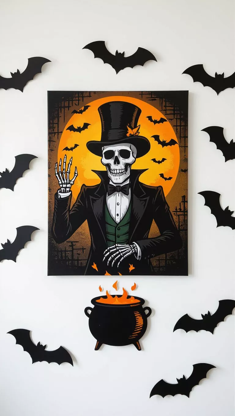 A photo of a white wall with black bat cutouts surrounding a canvas print of a skeletal figure in a top hat, with a cauldron display below.