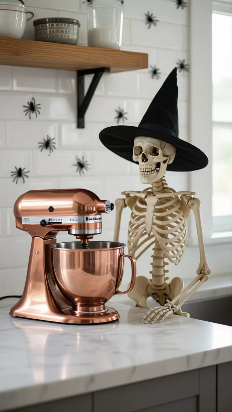 A photo of a kitchen with a skeleton in a witch hat standing beside a copper mixer on a counter, with small black spiders on the wall.