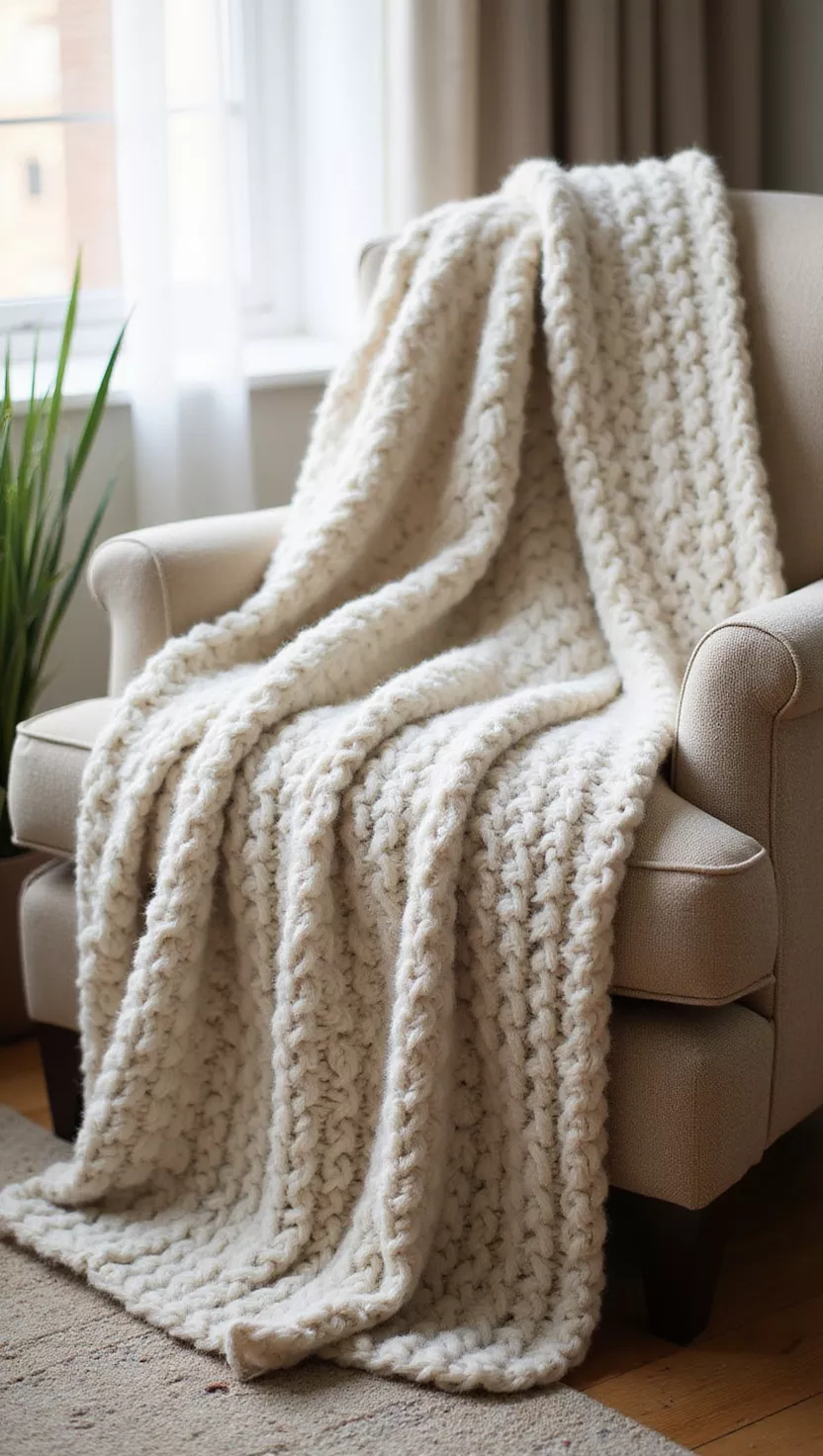 A professional photo, similar to a photo in a home design magazine, of a close-up of a luxurious, oversized chunky knit throw blanket in a neutral fall color, casually draped over an armchair, with sunlight streaming in.
