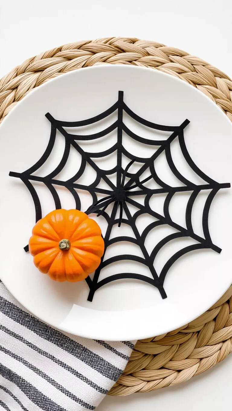 A photo of a white plate on a woven placemat holding a black spiderweb cutout and a small orange and black pumpkin, with a striped napkin.
