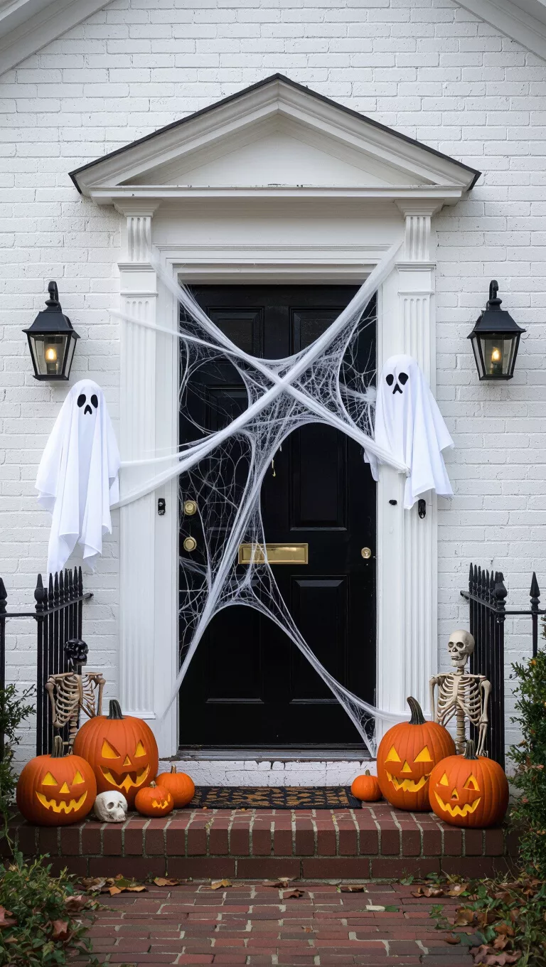 A photo of a white brick house front door covered in white cobwebs, flanked by ghosts, spooky pumpkins, and skeleton decorations.