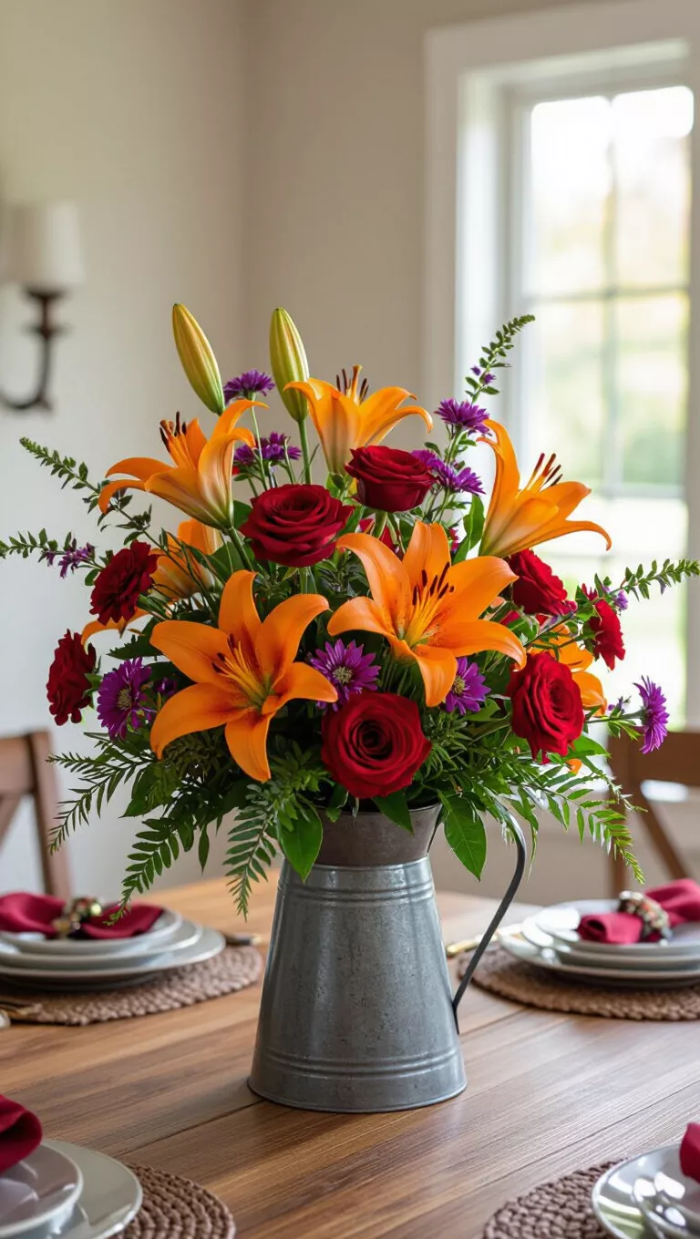 A photo of a dining room table featuring a vibrant autumn flower arrangement with orange lilies, red roses, and purple asters mixed with dark green foliage in a rustic metal pitcher.