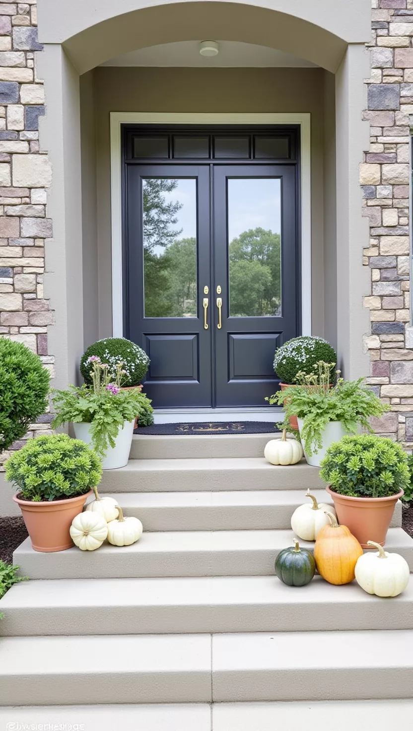 A professional photo, similar to a photo in a home design magazine, of a modern front entrance featuring dark gray double doors, framed by potted plants and an assortment of green, white, and peach pumpkins on stone steps.