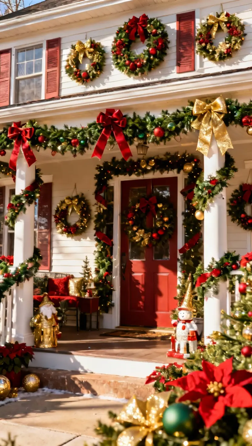 A front porch intensely decorated with traditional, vibrant Christmas colors like deep reds, forest greens, and metallic golds throughout the wreaths, ribbons, and accessories, sunny day.