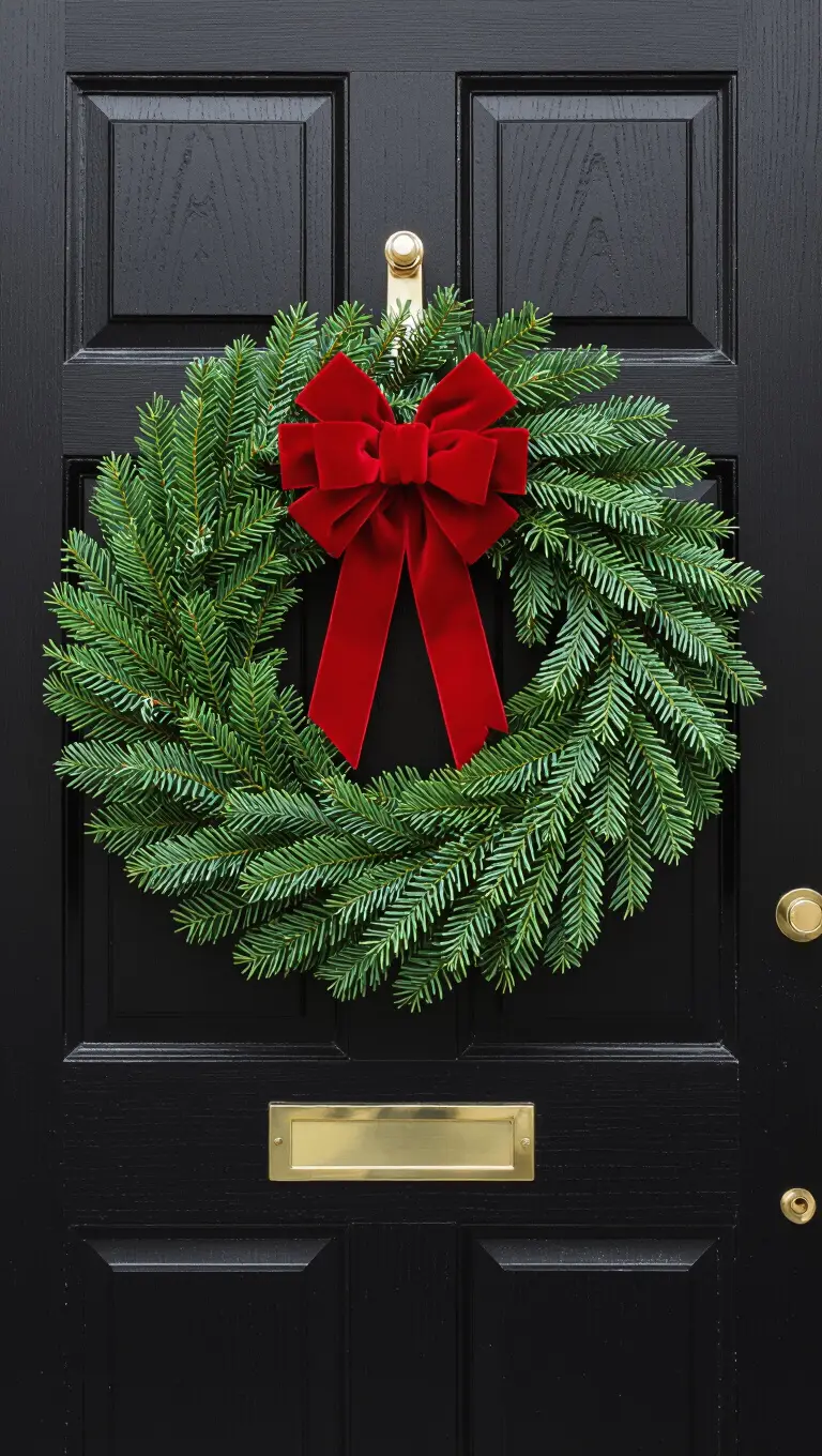 A front door with a perfectly shaped, dense artificial fir wreath, decorated minimally with high-quality, traditional red velvet bows.