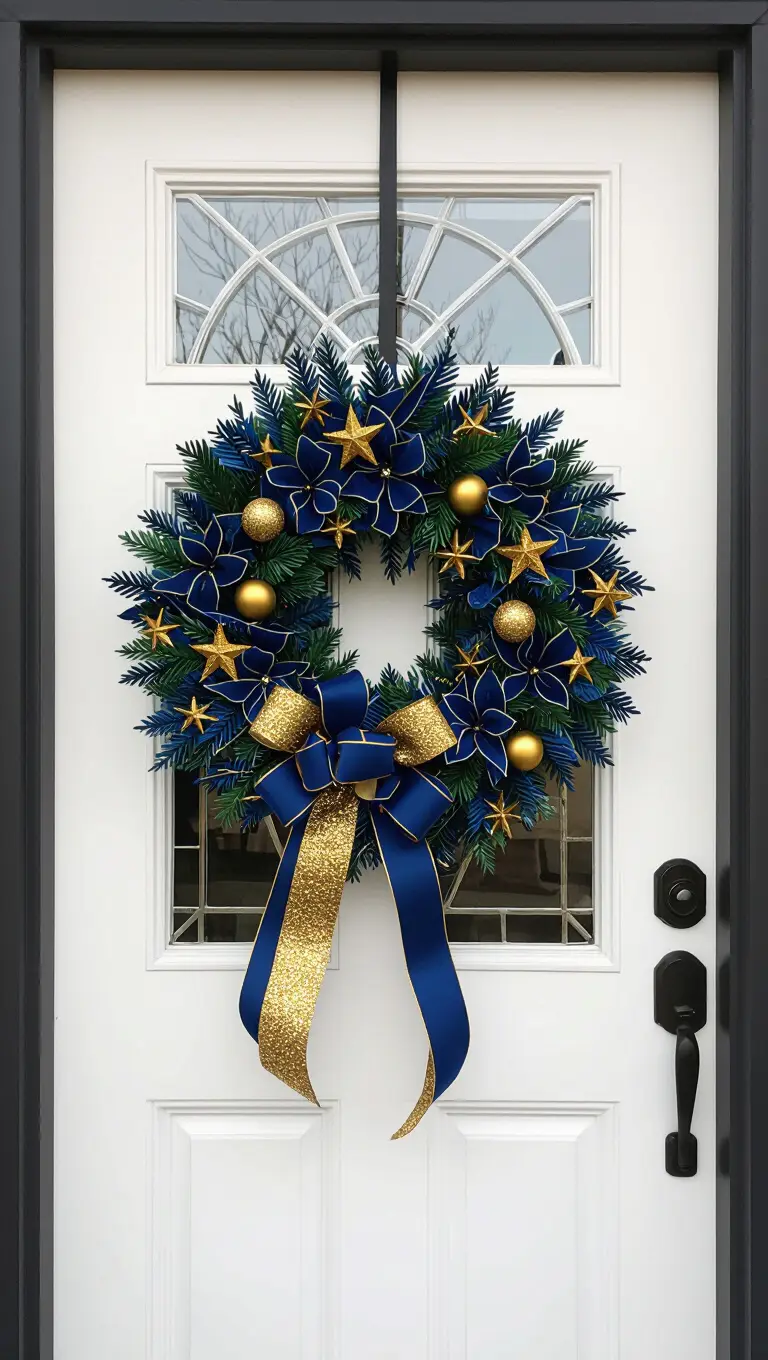 A front door with a distinctive wreath featuring rich blue foliage or ribbons accented prominently with shimmering gold elements like stars or balls.