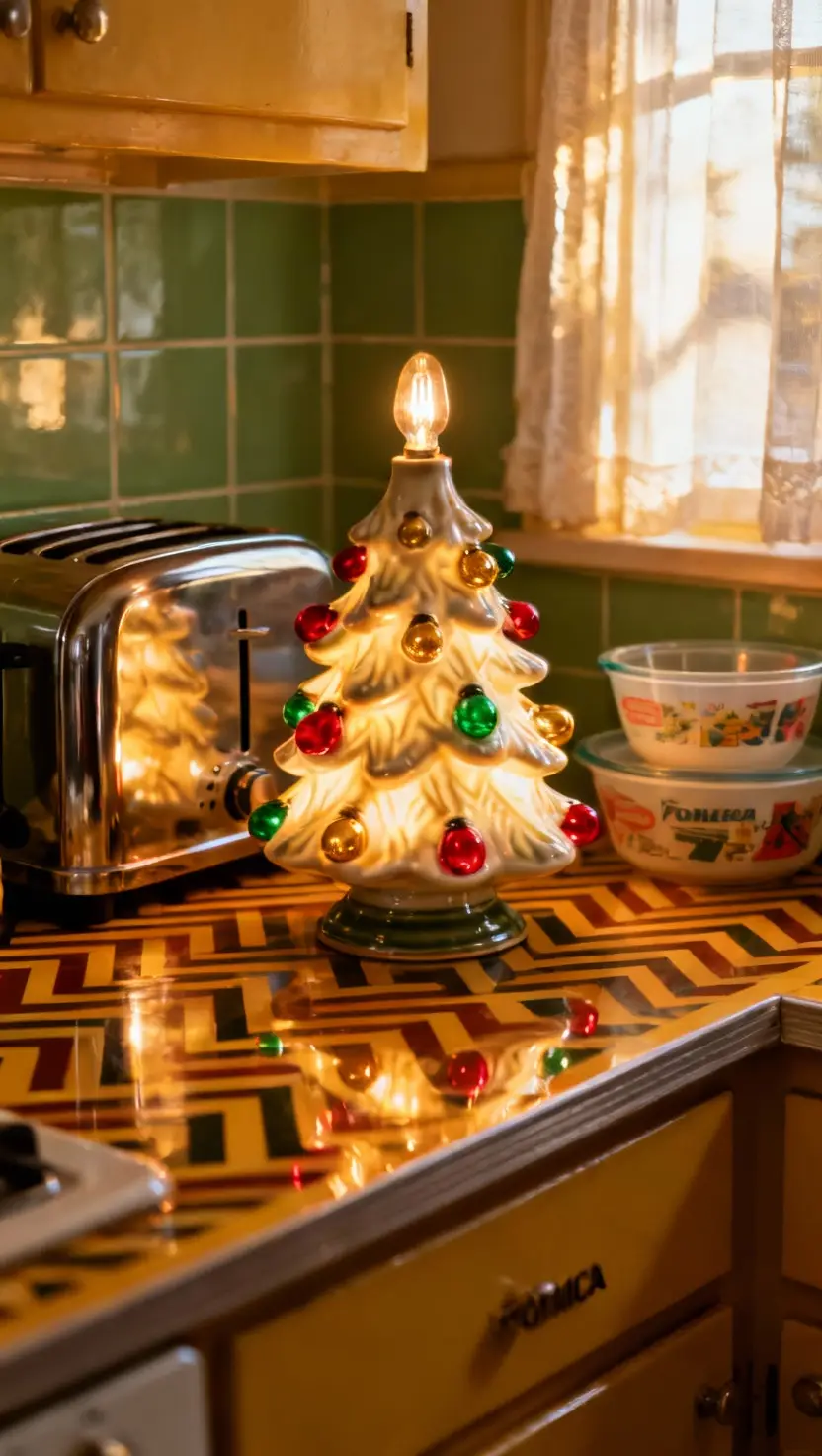 A photo of a bright, retro-inspired kitchen counter featuring a glowing, illuminated ceramic Christmas tree with colored bulbs.