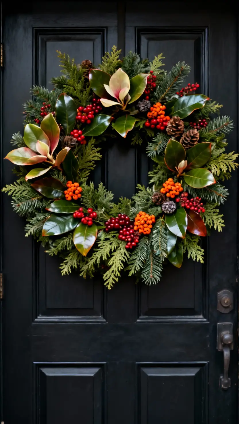 A stunningly full, symmetrical wreath overflowing with diverse textures like cedar, pine, magnolia leaves, and various berries, centrally placed on a dark, classic front door, demanding attention.
