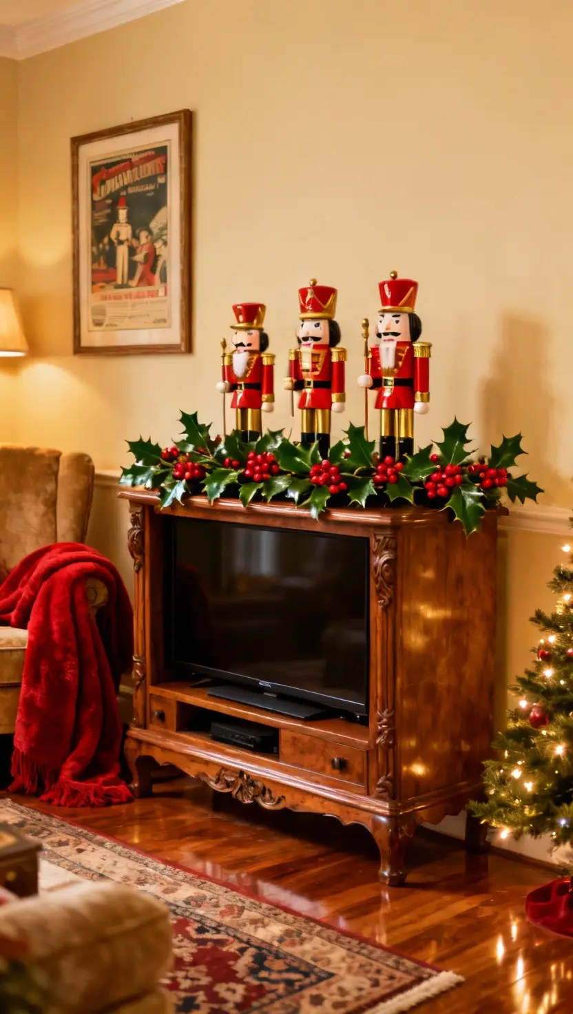 Classic Tv Stand With Nutcracker Figurines and Holly