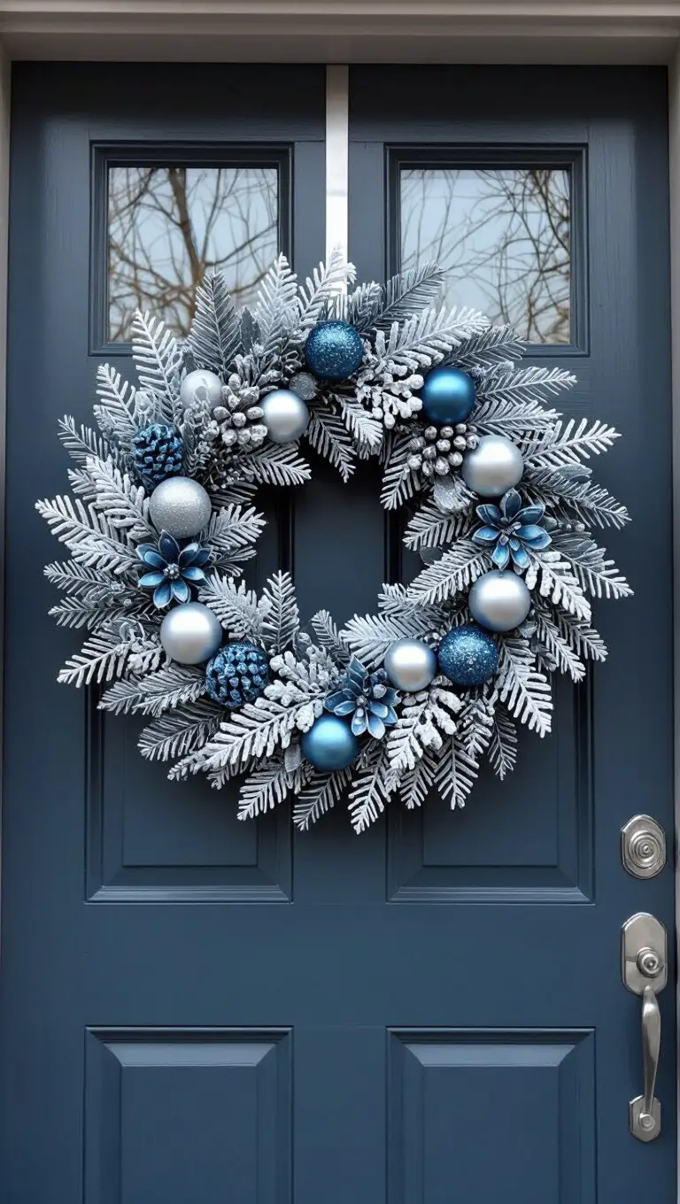 A front door with a cool-toned wreath dominated by icy blues, silvers, and white elements, mimicking a crisp, frosted winter scene.