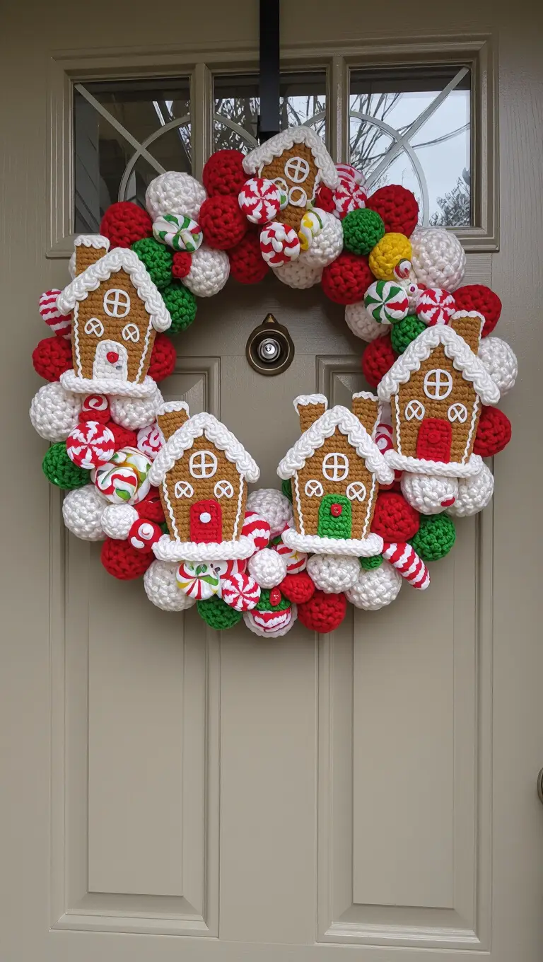A front door with a complex, charming wreath made from crocheted elements depicting miniature gingerbread houses and festive candy details.