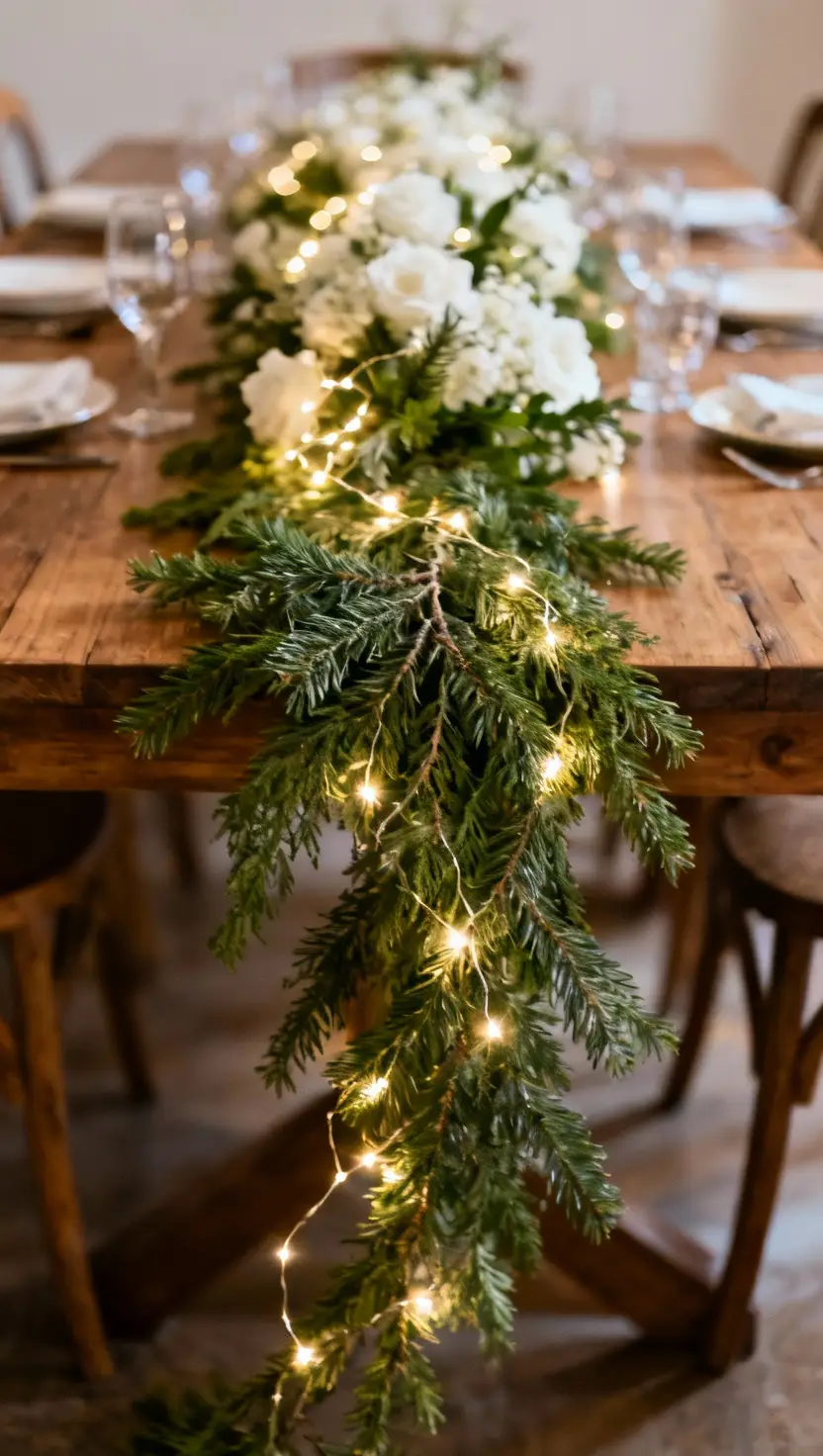 Evergreen Branches With White Fairy Lights