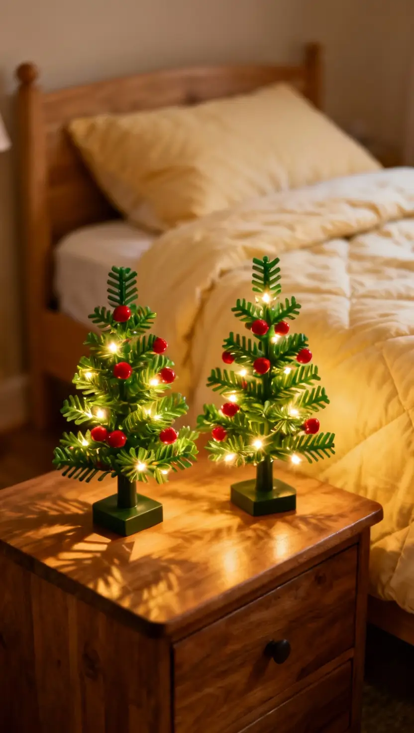 A photo of a small bedroom decorated with faux pre-lit tabletop trees glowing softly on a nightstand.