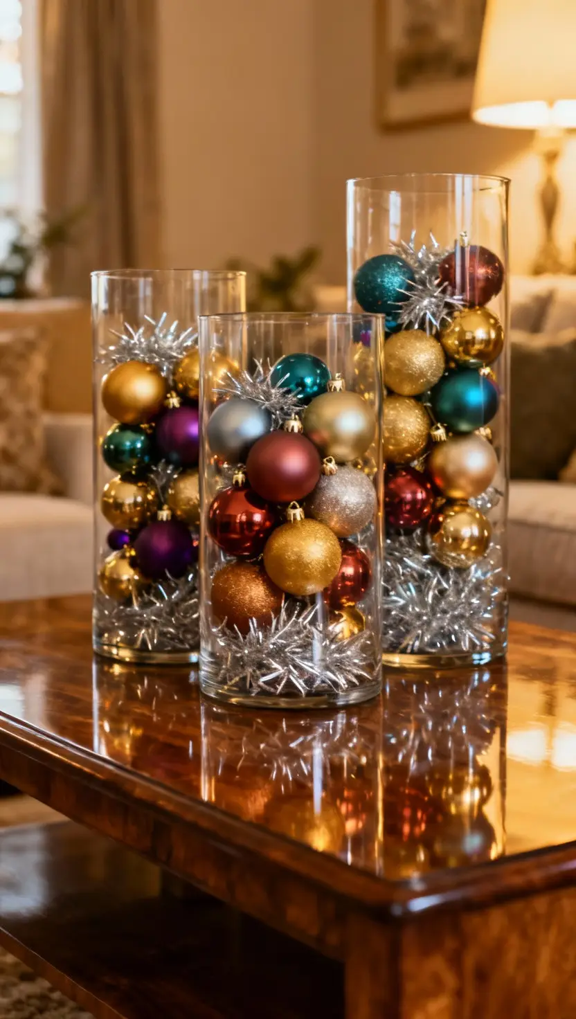 A collection of three clear glass cylinder vases, generously filled with a mix of colorful matte and glossy Christmas ball ornaments and accented with silver tinsel filler, sitting on a polished wood side table, living room.