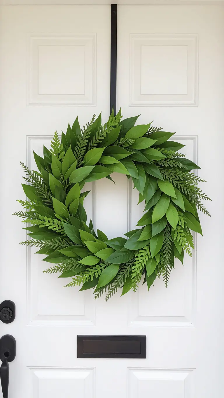 A front door with a minimalist yet elegant wreath using fresh, unusual greenery varieties and clean, contemporary shapes, avoiding heavy ornamentation.