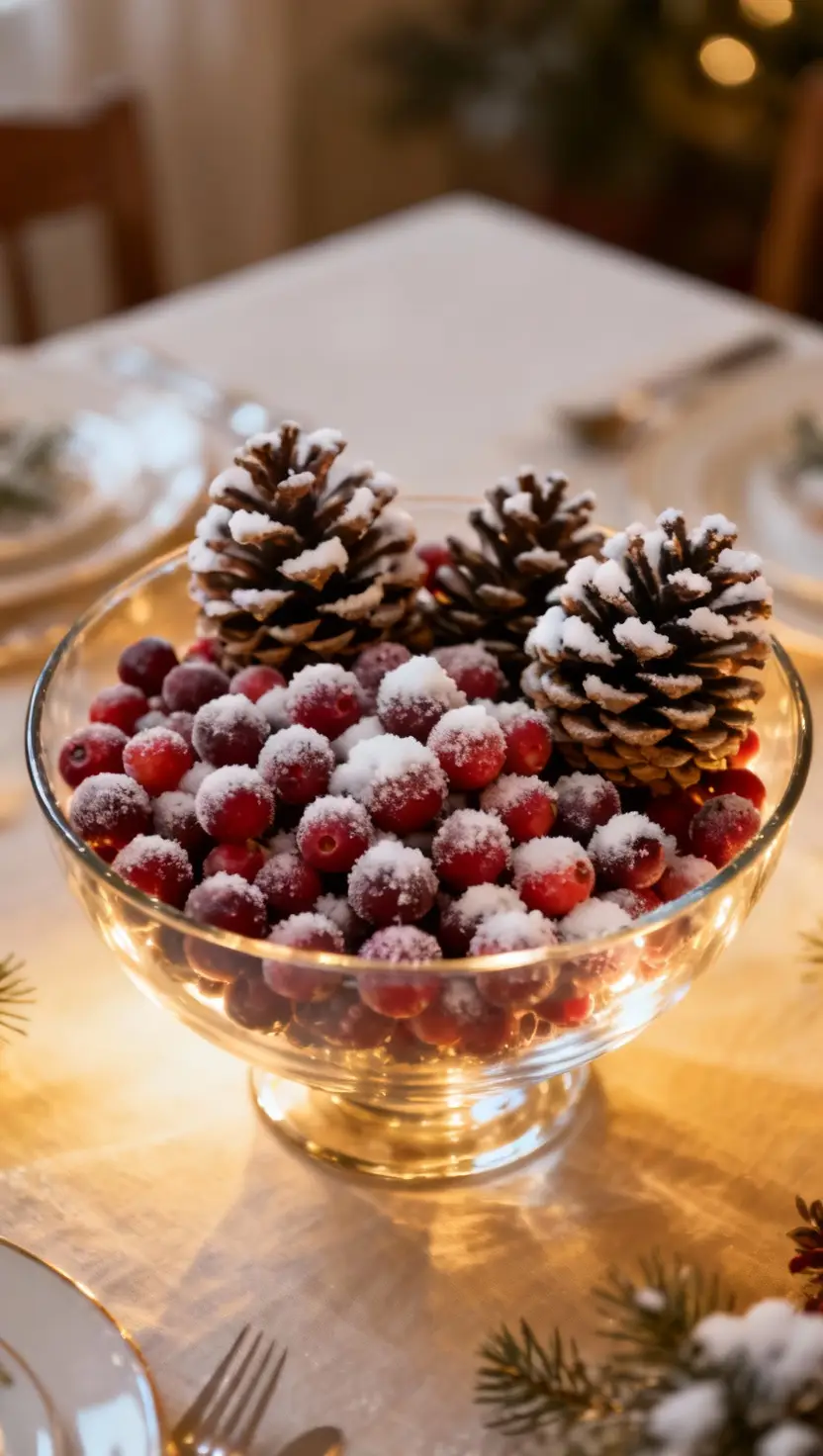 Frosted Cranberries and Pinecones in a Glass Bowl